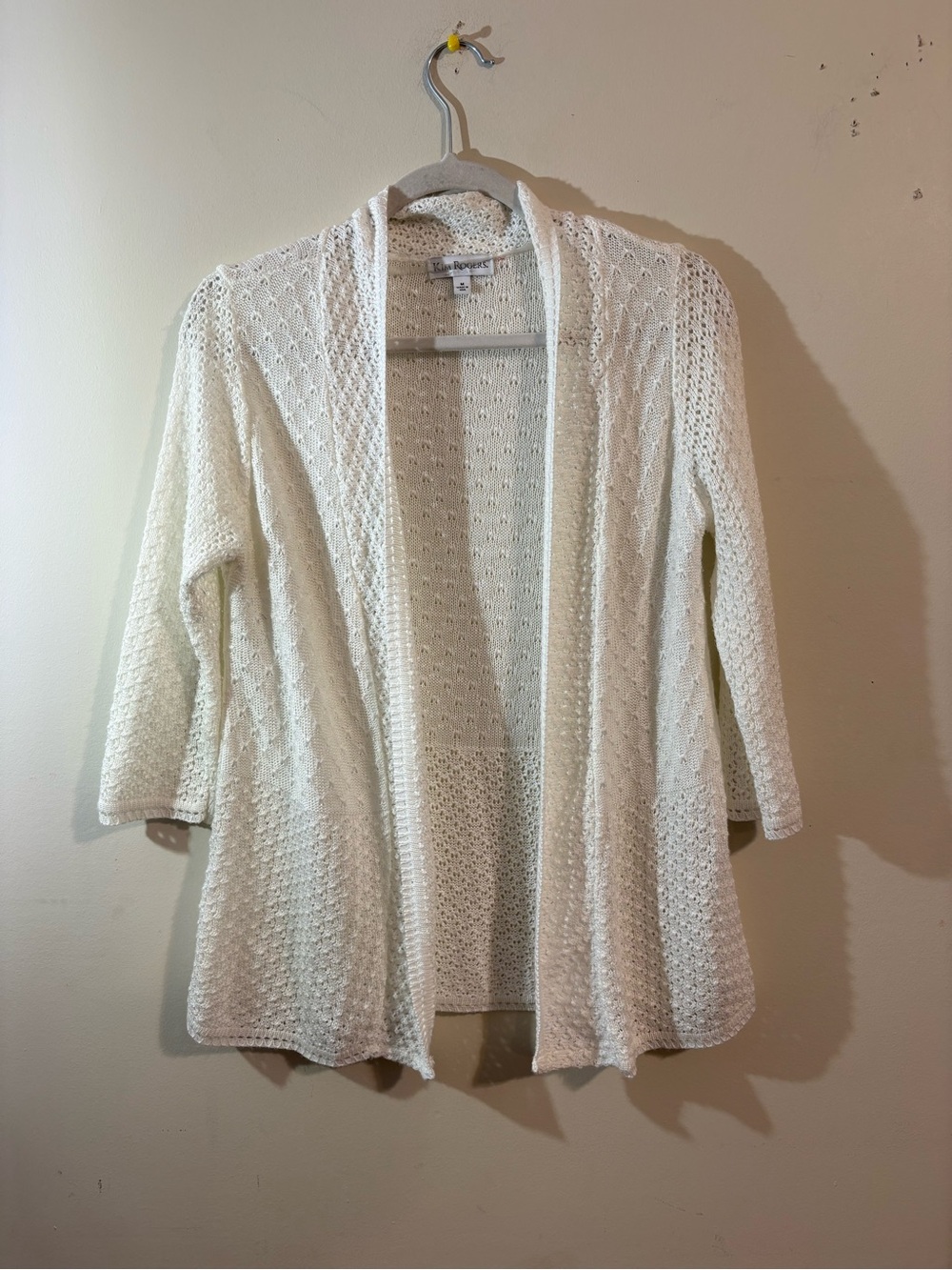 Kim Rogers open-front knit cardigan sweater white lightweight medium 3/4-length